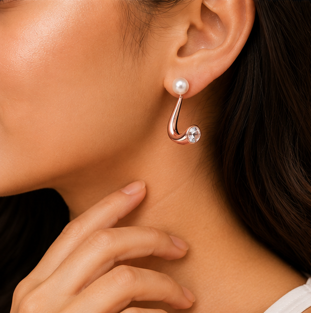 Rose Gold Plated Pearl & Crystal Drop Earrings
