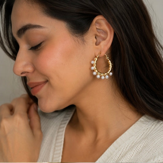 Elegant Gold Textured Pearl Drop Hoop Earrings