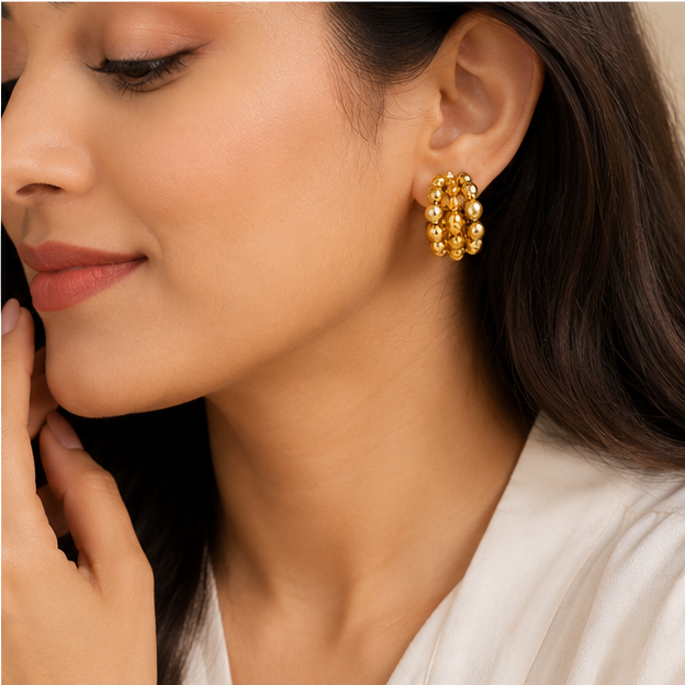 Elegant Gold Beaded Cluster Hoop Earrings
