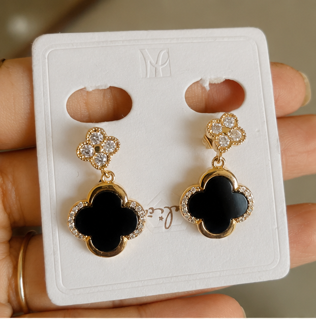 Elegant Black Clover Drop Earrings