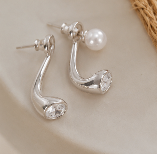 Elegant Silver Curved Crystal Drop Earrings with Pearl Stud Accent