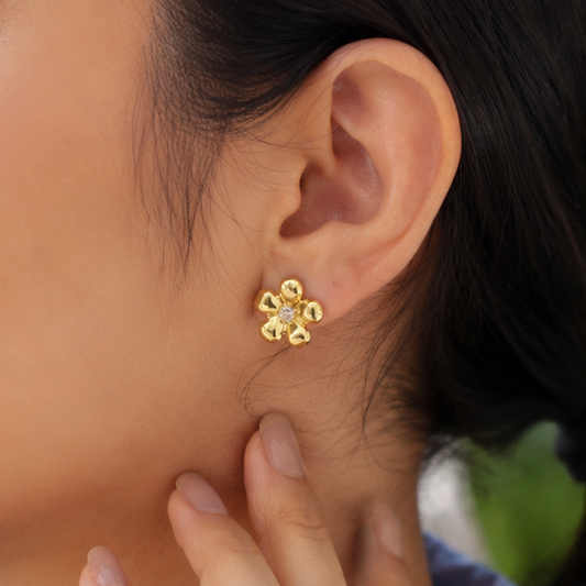 Elegant Gold Floral Stud Earrings with Cubic Zirconia Center