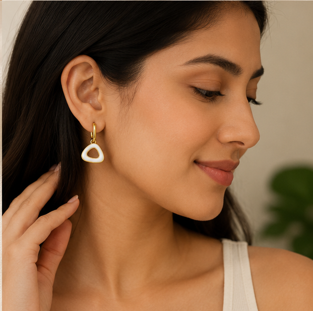 Elegant Stainless Steel Gold Hoop Earrings with White Enamel Drop