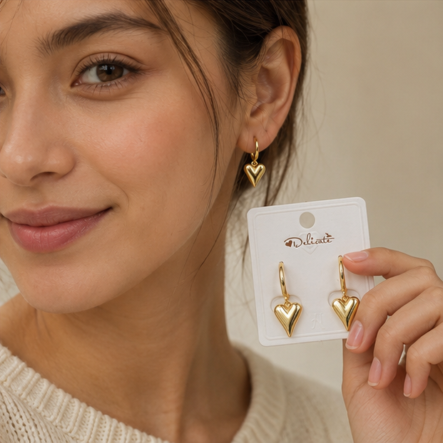 Elegant Gold Heart Drop Hoop Earrings