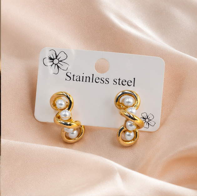 Elegant Gold Interlock Pearl Stud Earrings
