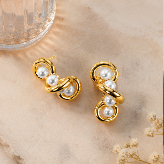 Elegant Gold Interlock Pearl Stud Earrings