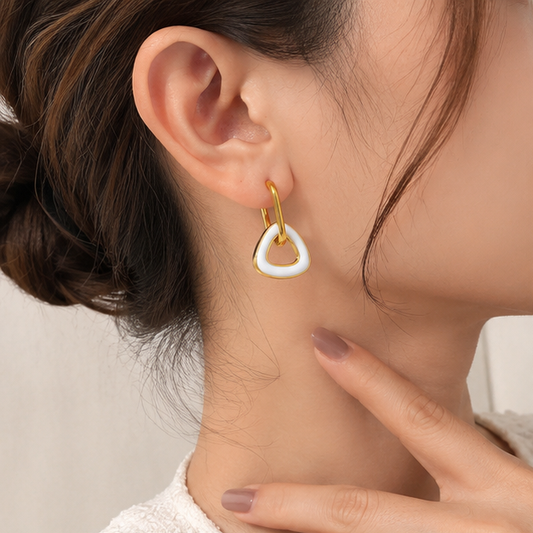 Elegant Stainless Steel Gold Hoop Earrings with White Enamel Drop