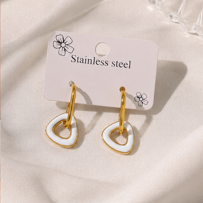 Elegant Stainless Steel Gold Hoop Earrings with White Enamel Drop