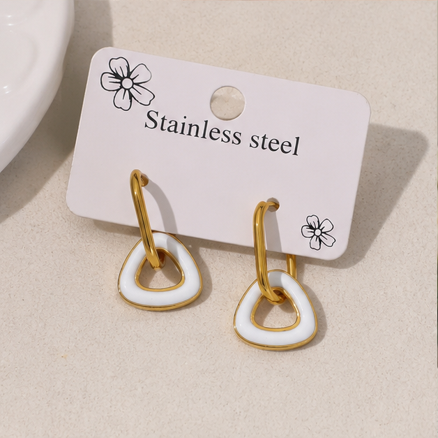 Elegant Stainless Steel Gold Hoop Earrings with White Enamel Drop