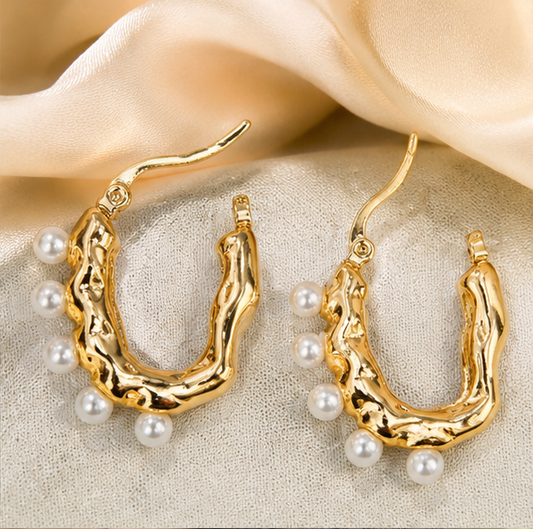 Elegant Gold Textured Pearl Drop Hoop Earrings