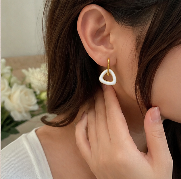 Elegant Stainless Steel Gold Hoop Earrings with White Enamel Drop
