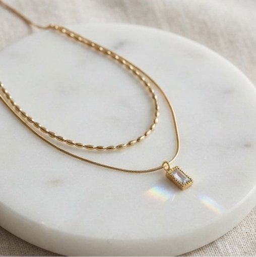 Minimal Dual Layer Gold Necklace with Crystal Pendant