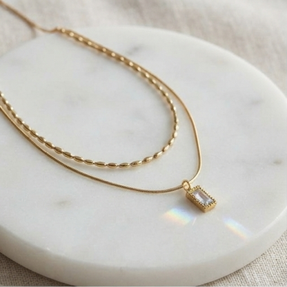 Minimal Dual Layer Gold Necklace with Crystal Pendant