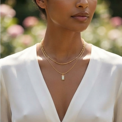 Minimal Dual Layer Gold Necklace with Crystal Pendant