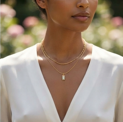 Minimal Dual Layer Gold Necklace with Crystal Pendant
