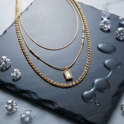 Minimal Dual Layer Gold Necklace with Crystal Pendant