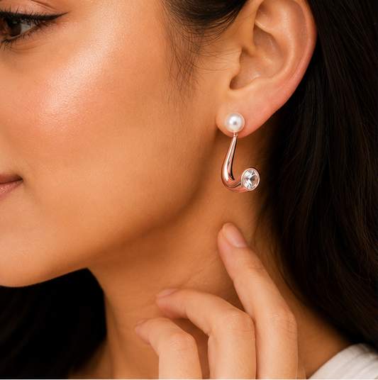 Rose Gold Plated Pearl & Crystal Drop Earrings