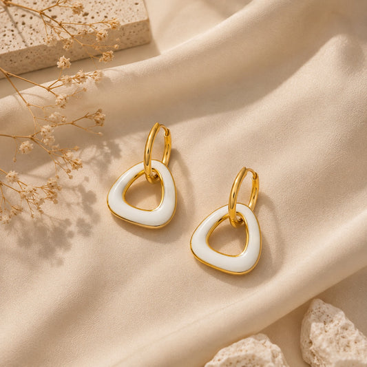 Elegant Stainless Steel Gold Hoop Earrings with White Enamel Drop