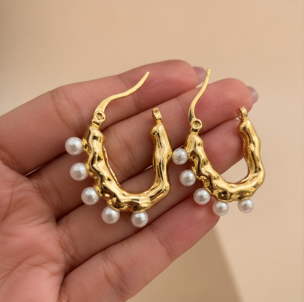 Elegant Gold Textured Pearl Drop Hoop Earrings