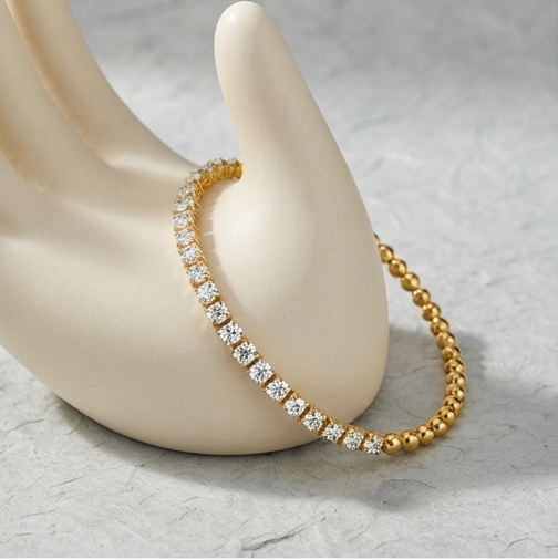 Diamond Cut Gold Tennis Bracelet with Beaded Accent