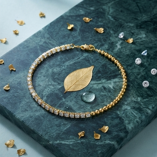 Diamond Cut Gold Tennis Bracelet with Beaded Accent