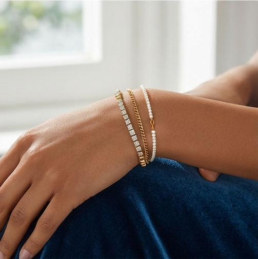 Diamond Cut Gold Tennis Bracelet with Beaded Accent