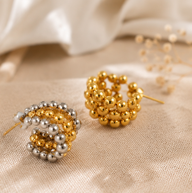 Elegant Gold Beaded Cluster Hoop Earrings