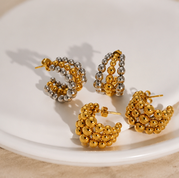 Elegant Gold Beaded Cluster Hoop Earrings