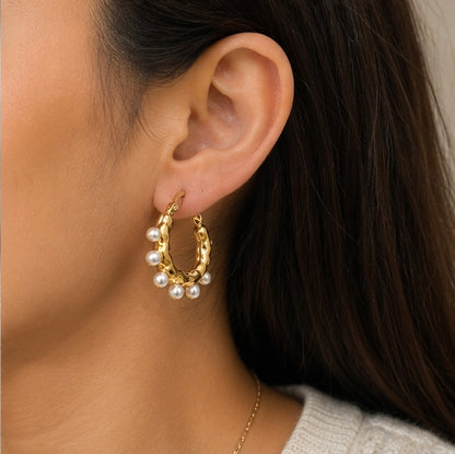 Elegant Gold Textured Pearl Drop Hoop Earrings