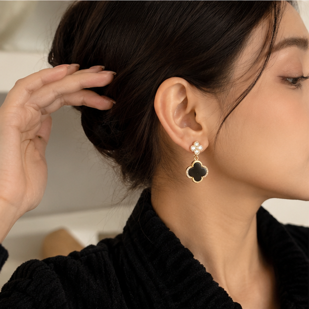 Elegant Black Clover Drop Earrings