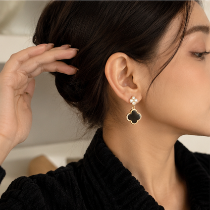 Elegant Black Clover Drop Earrings