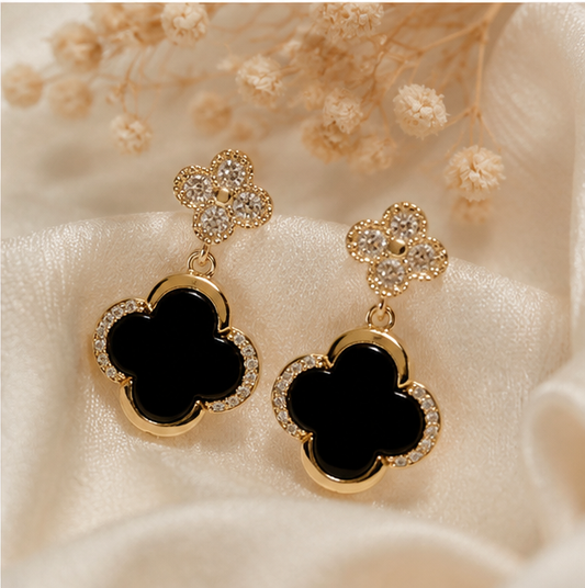 Elegant Black Clover Drop Earrings