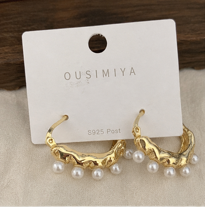 Elegant Gold Textured Pearl Drop Hoop Earrings