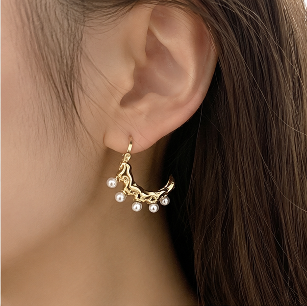 Elegant Gold Textured Pearl Drop Hoop Earrings