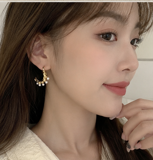 Elegant Gold Textured Pearl Drop Hoop Earrings