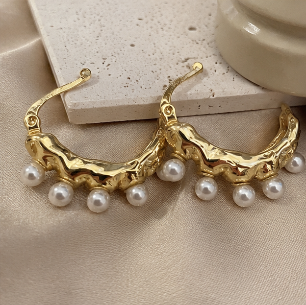 Elegant Gold Textured Pearl Drop Hoop Earrings