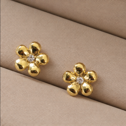 Elegant Gold Floral Stud Earrings with Cubic Zirconia Center