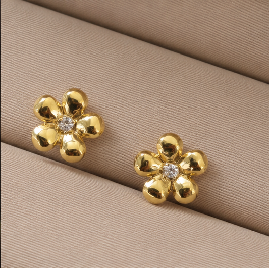 Elegant Gold Floral Stud Earrings with Cubic Zirconia Center