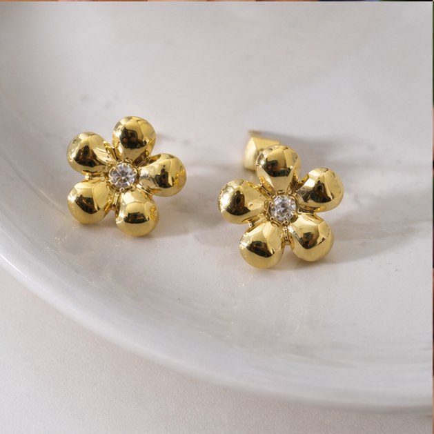 Elegant Gold Floral Stud Earrings with Cubic Zirconia Center