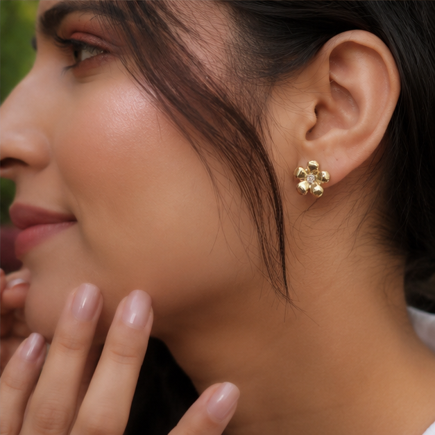 Elegant Gold Floral Stud Earrings with Cubic Zirconia Center