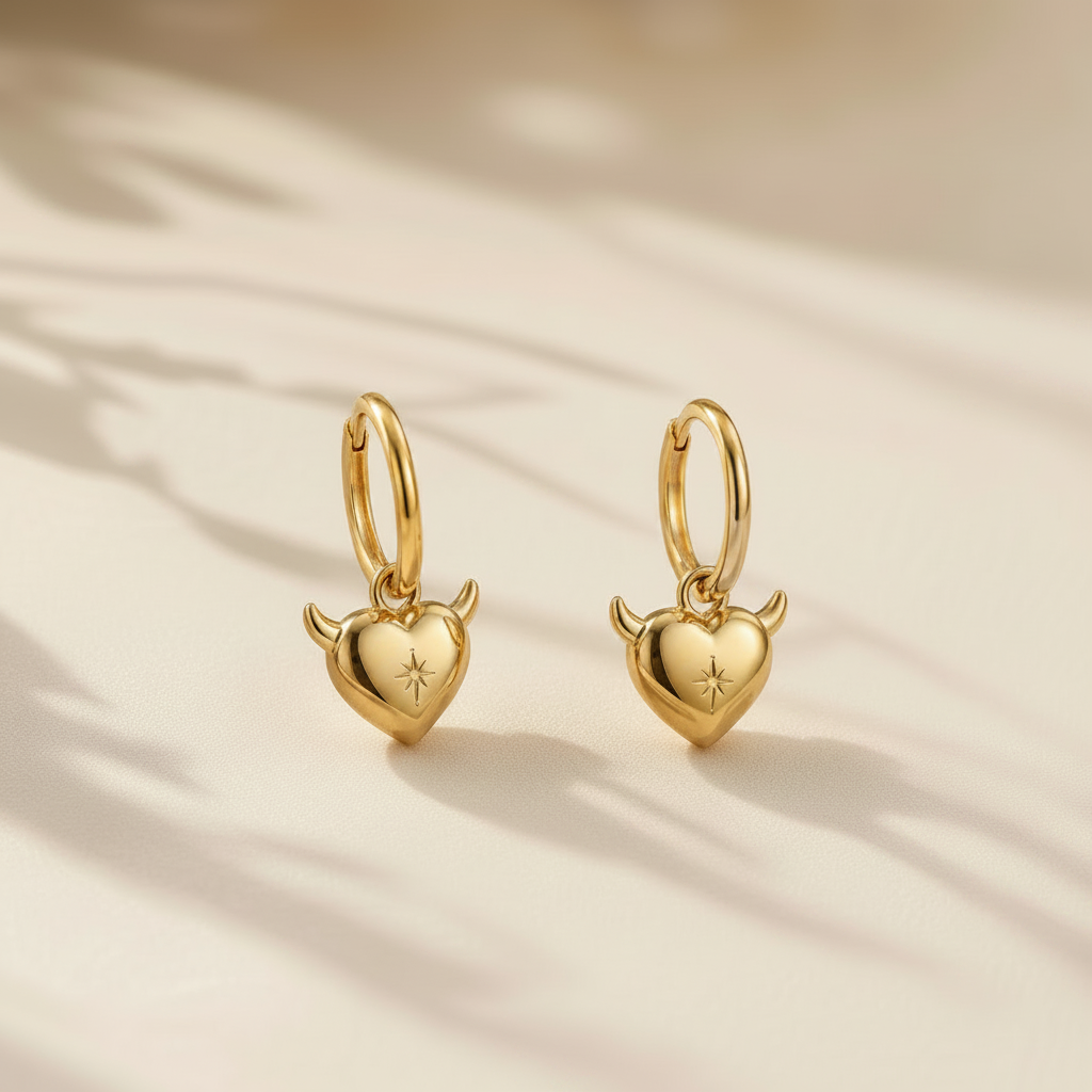A pair of small gold hoop earrings with heart-shaped dangling pendants featuring tiny horns and a star detail, photographed on a warm beige surface with soft leaf shadows.