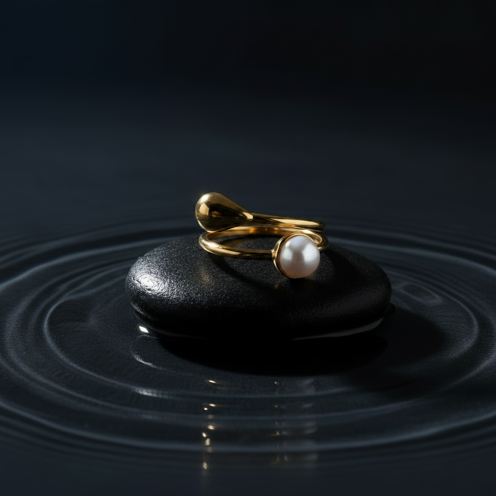 A polished gold-tone open ring with a single white pearl set in the center, photographed on a clean white background.