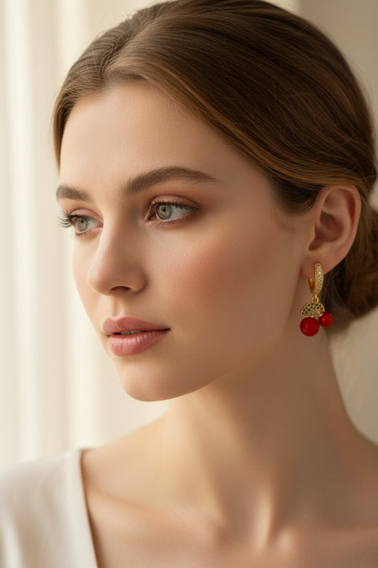 A pair of gold huggie hoop earrings with red bead drops and green leaf accents, displayed on a white card labeled 'Delicate' against a pink and white background.
